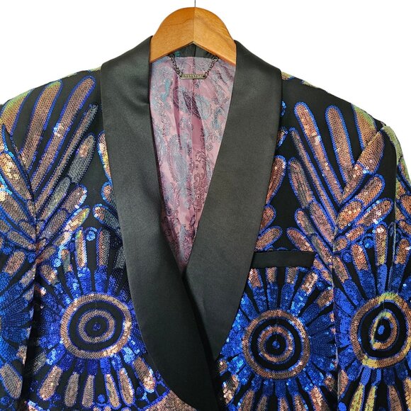 BARABAS Men's Sequin Geometric Pattern Black Blue Blazer 46 2XL New With tags - Picture 6 of 14